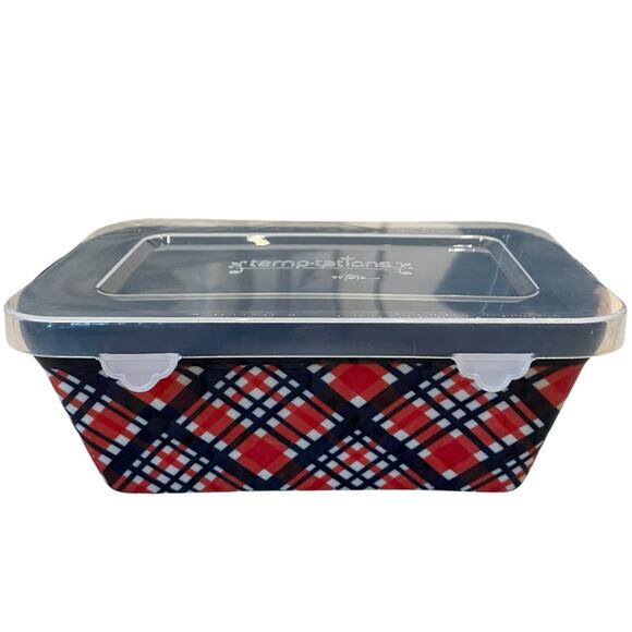 Temptations by Tara Mini Ceramic Loaf Pan w/ Lid 12oz Holiday Plaid Bakeware NEW - Picture 1 of 13
